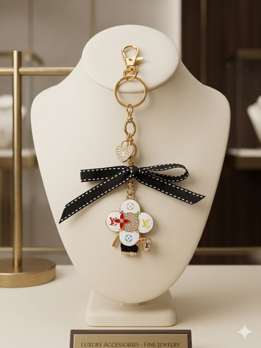 LV Vivienne Gold-Tone Multicolor Flower Key Charm with Gold Pave’Heart